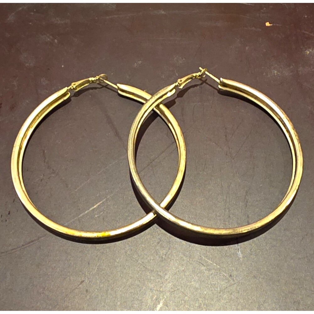 Silver Tone Hinged Hoop Earrings Round Large Pierced Lobe Pair Heavy Duty.